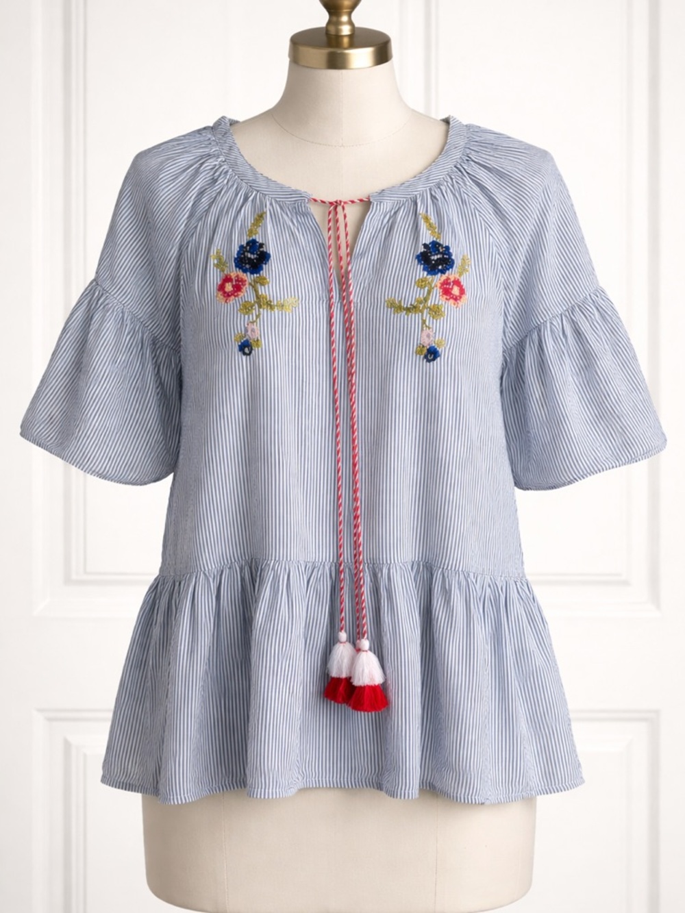 Striped Embroidered Peasant Tunic with Red Tassel Tie